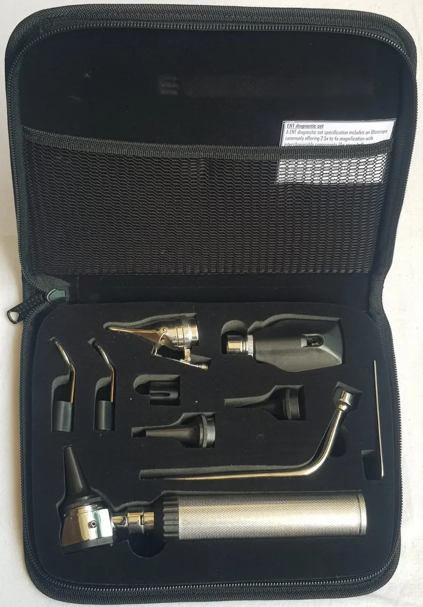 ENT Diagnostic Set — Otoscope, Ophthalmoscope, Nasal Speculum, Laryngeal Mirrors + Handle